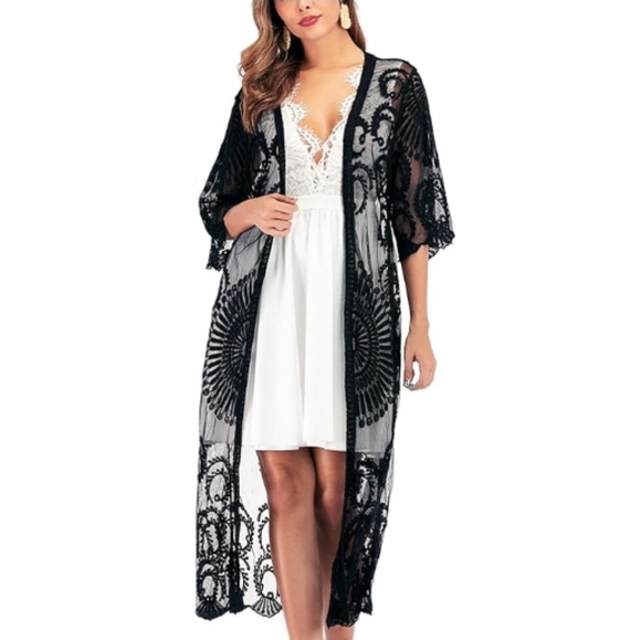 Long Flowy Lace Kimono Cardigan Boho Style Open Cover Ups Black - Picture 4 of 5